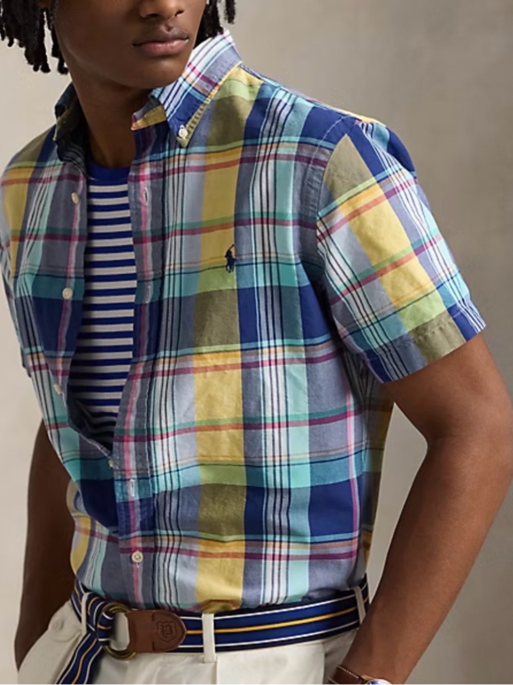 Polo by Ralph Lauren Blue, Yellow and Green Plaid Short-Sleeve Button-Down Shirt